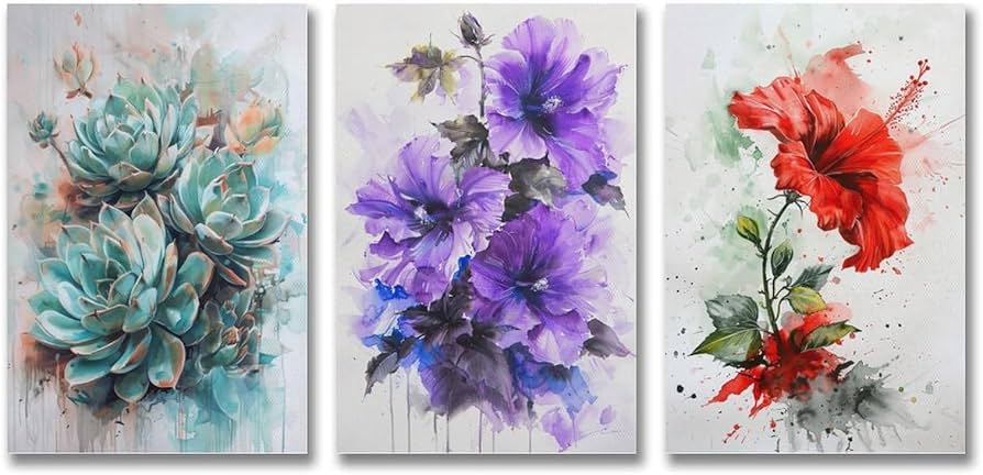 Amazon.co.jp: 3枚 美しい咲く花の水彩画 絵画 インテリア ポスター