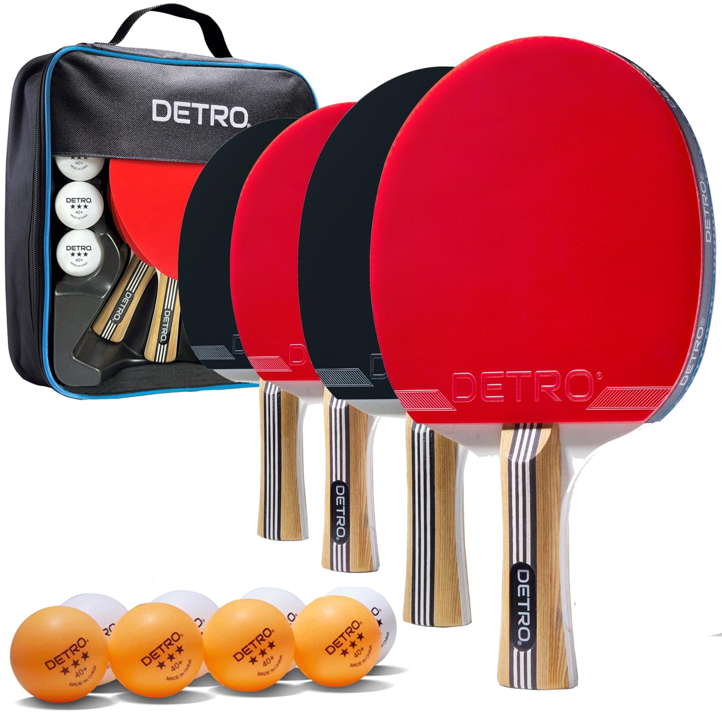 Detro 4 Player Table Tennis Performance Paddle and Ball Set, Premium Ping Pong Set, 4 Premium Table Tennis Paddles, 8 x 3 Star Competition Ping Pong Balls with Storage Case