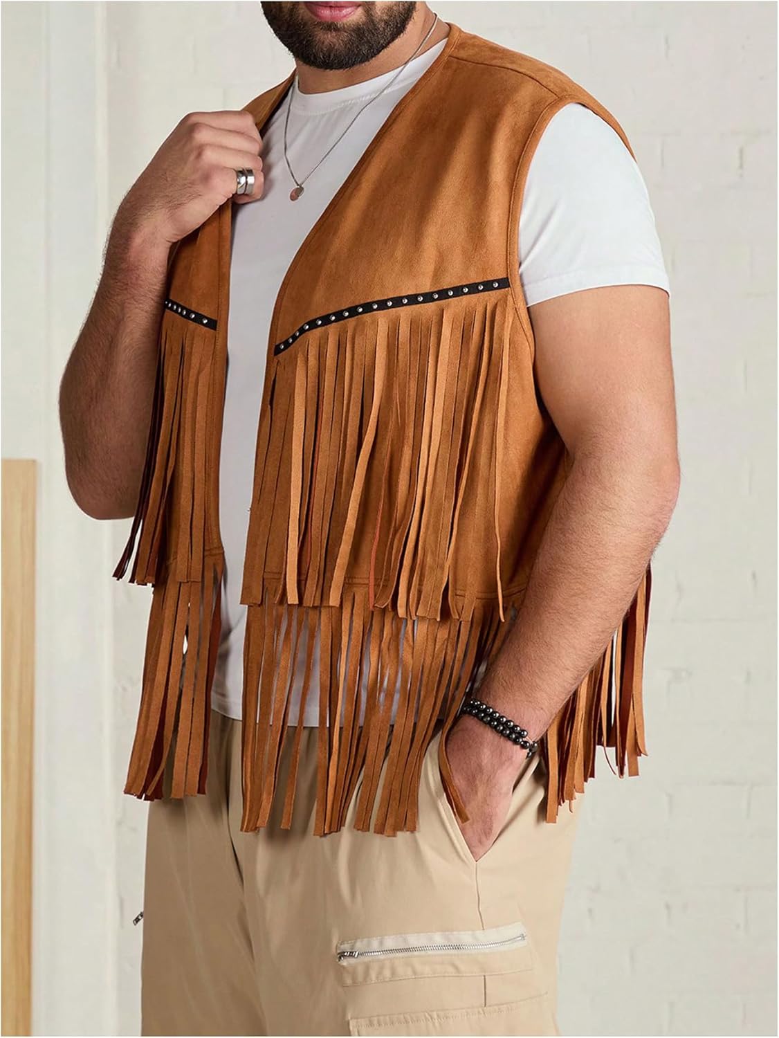 Men's Big and Tall Fringe Hem Sleeveless Vest Jacket 70s Hippie Faux Suede Western Cowboy Vest Waistcoat - Image 3