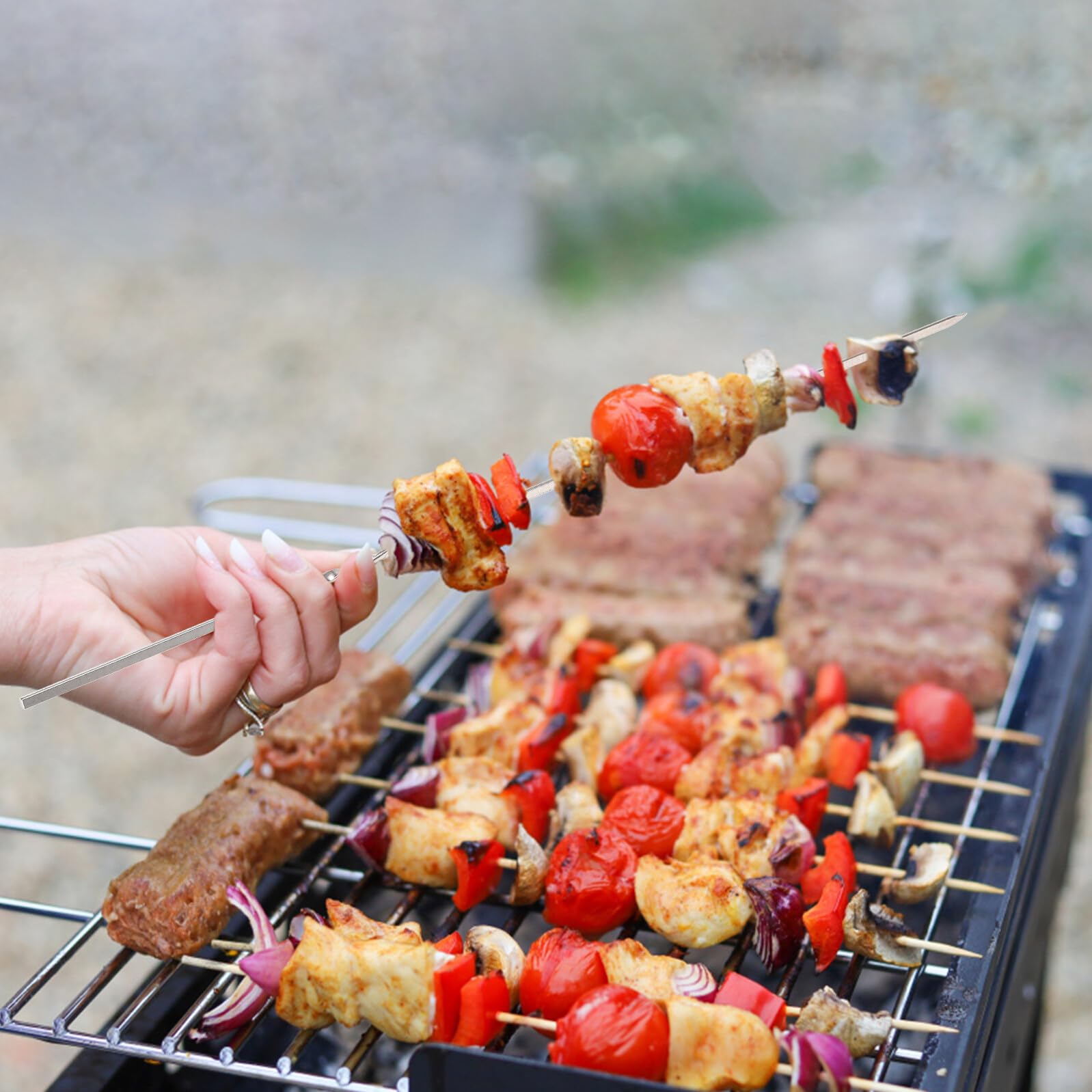 VICASKY 50 Pezzi Spiedini per Barbecue in Acciaio Resistente Bastoncini Piani Riutilizzabili Antiscivolo e Resistenti al Calore per Carne e Verdure per Camping e Grigliate Outdoor