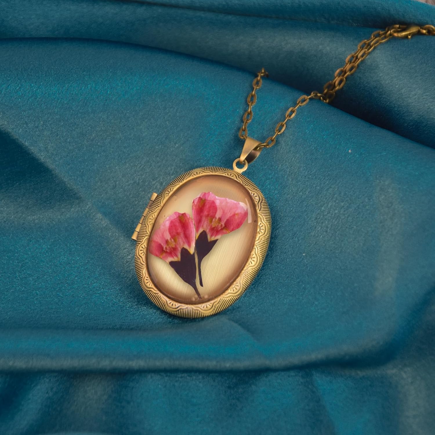 Pressed Flower Necklace,Handmade Oval Shaped Photo Locket Necklace,Birth Flower Necklace for Women,Personalized Vintage Picture Locket Necklace - Image 5