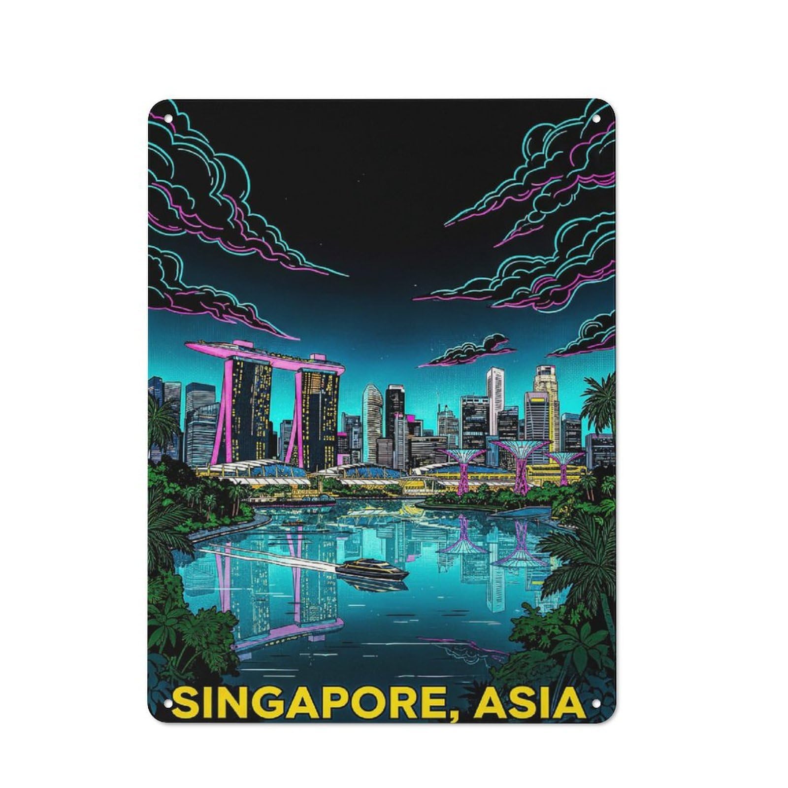Junmoney Style-15 Singapore Skyline At Night Retro Metal Wall Decor 40X30cm, Vintage Metal Sign For Cafe, Pub, Workshop Or Home Bar