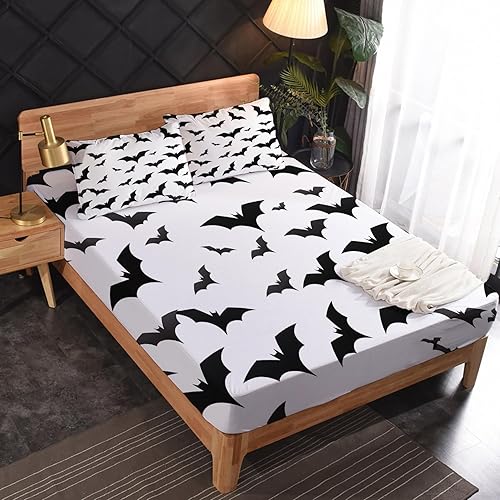 Miniatura 2 de Sábanas de murciélago tamaño individual  Juego de sábanas de Halloween para niños y niñas, juego de sábanas en blanco y negro, microfibra suave,
