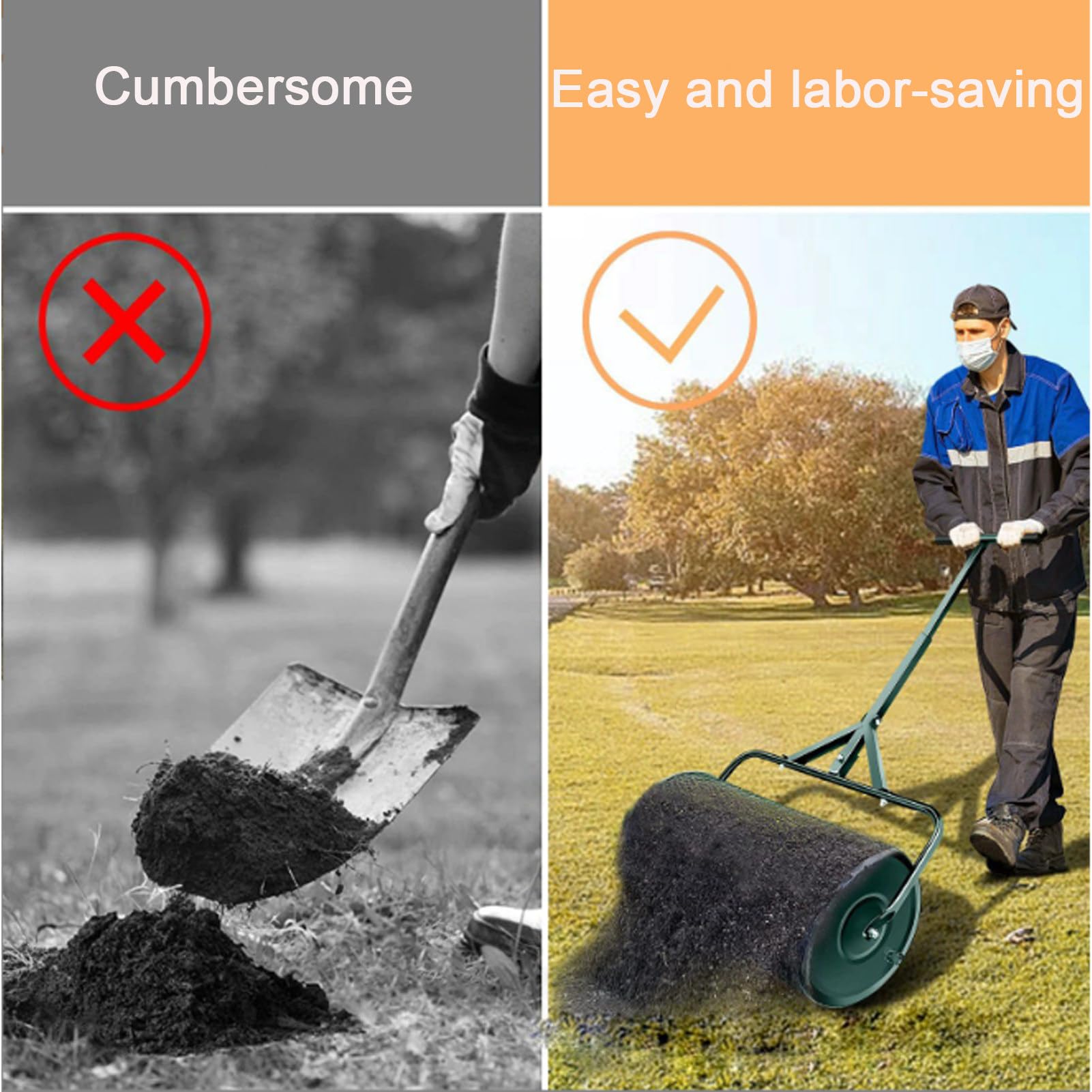 Épandeur de compost, rouleau à gazon, épandeur de fumier avec poignée en T améliorée, épandeur de terre végétale pour l'entretien de la pelouse et du jardin, épandeur de fumier à rouleau, noir