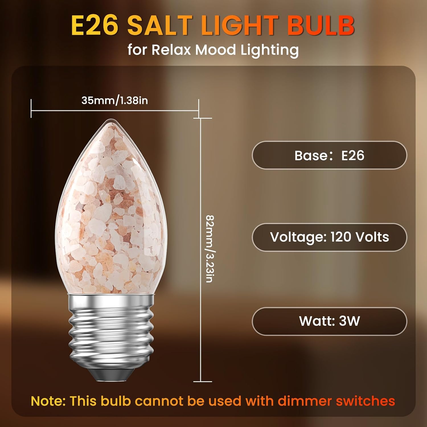Lustaled 3W LED Salt Light Bulbs E26 2200K Warm Amber Light Bulb, B11 Candelabra Light Bulbs, Himalayan Salt Lamp, Non-dimmable Night Light Bulb for Decorative Lighting, Living Room Bedroom-2pack