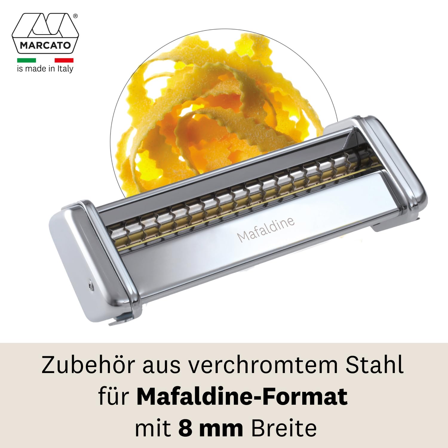 Marcato Nudelmaschinen-Aufsatz, für Mafaldine, 3,5 mm Schnitt, verchromter Stahl, Hergestellt in Italien, kompatibel mit Atlas 150 und Atlasmotor, Nudelschneider Küchenzubehör. Nudelform: Mafaldine
