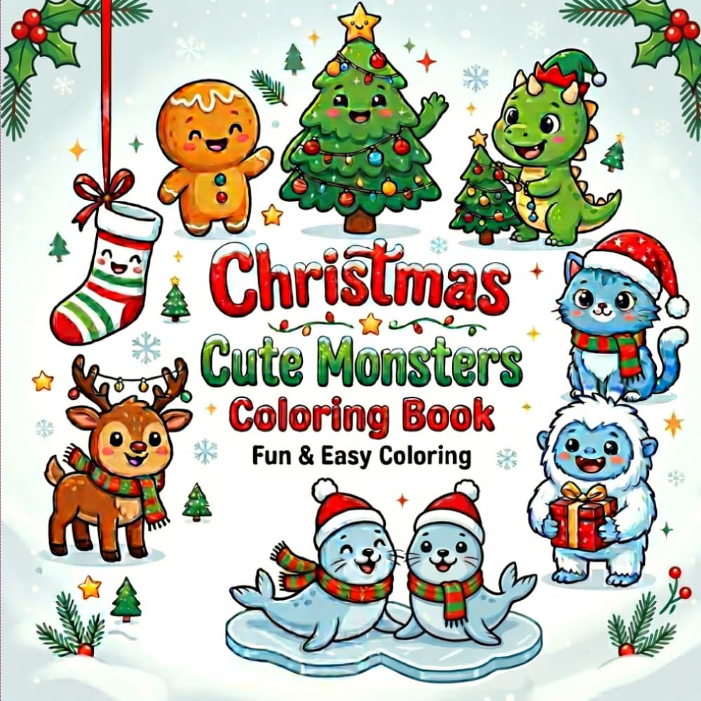 Christmas Cute Monsters Coloring Book: 50 Fun and Easy Designs for Kids Ages 3–5, Simple, Bold, and Adorable Holiday Characters for Toddlers & Preschoolers