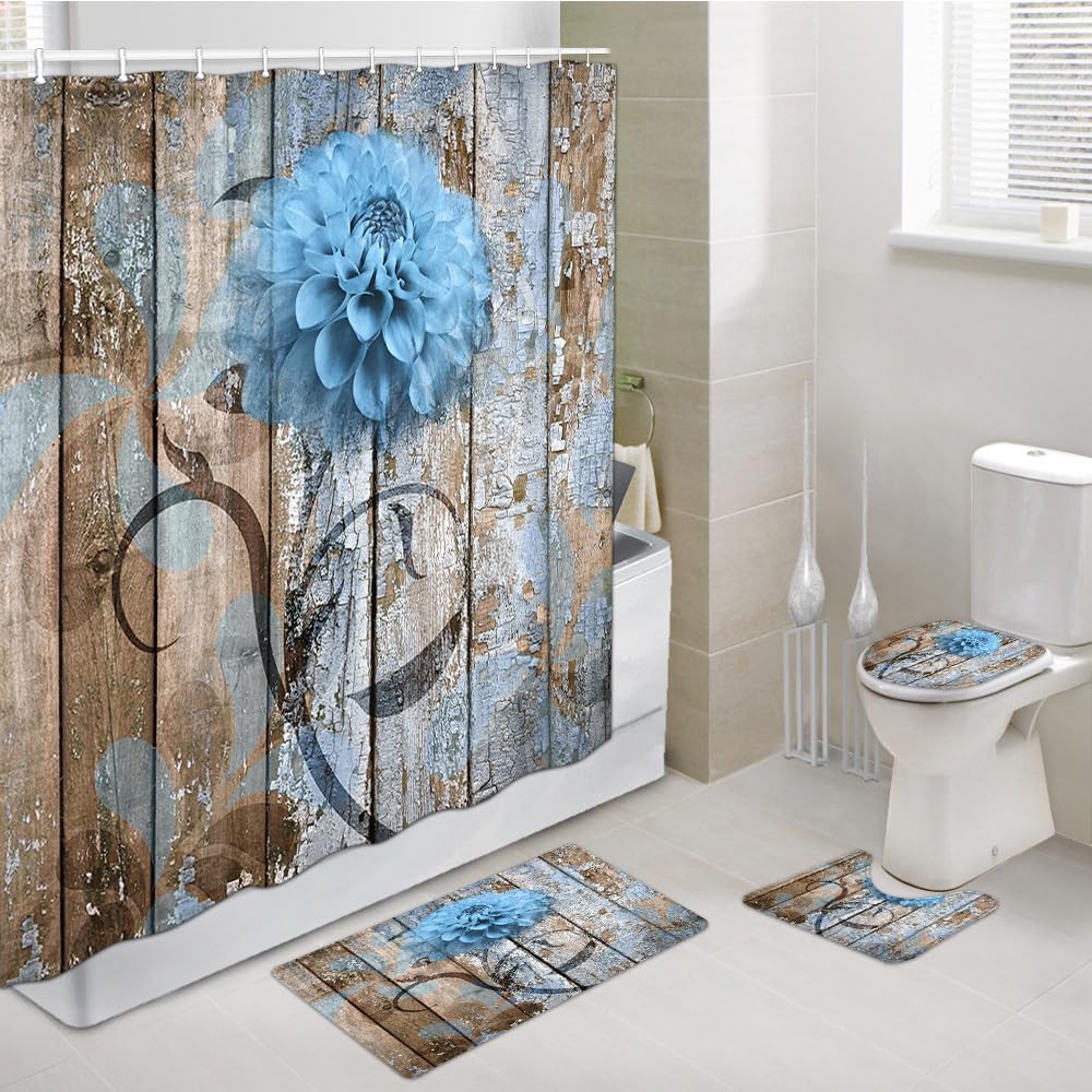 JAWO 4 Piece Blue Dahlia Dahlia Flower on Rustic Wooden Plank Country Style Shower Curtain Sets with Non-Slip Rugs, Toilet Lid Cover and Bath Mat,