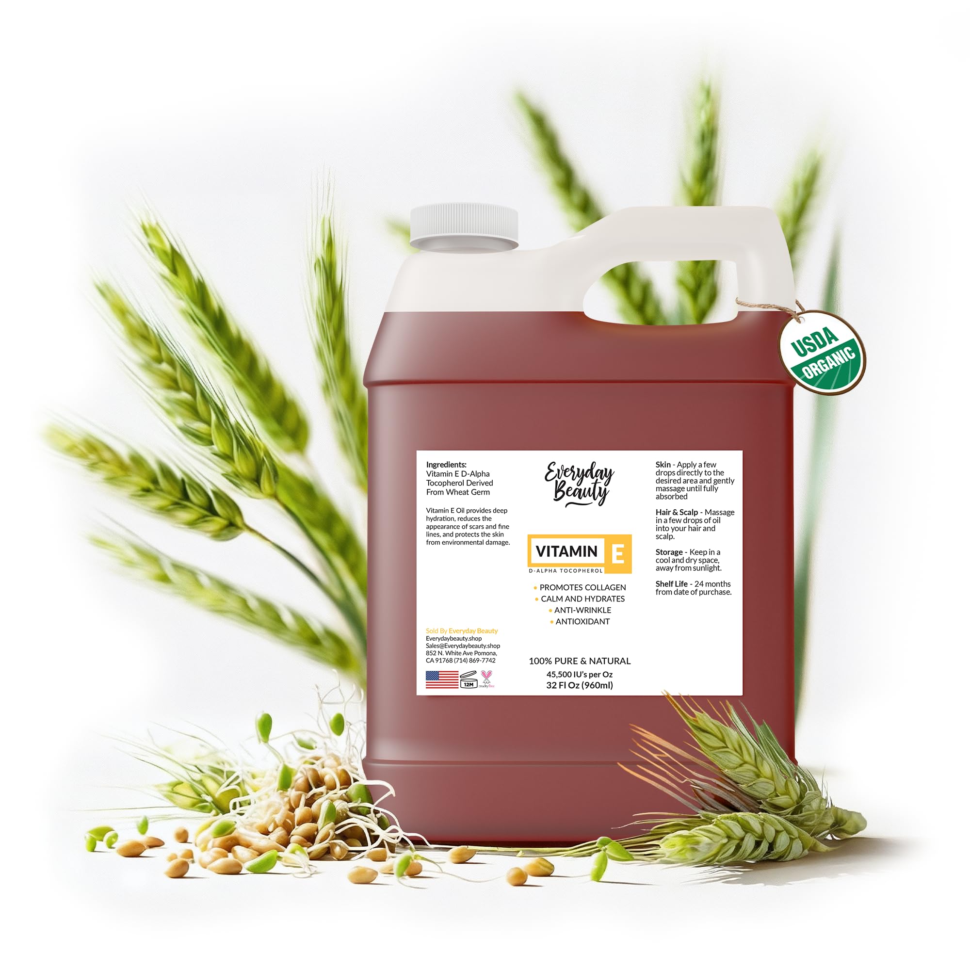 Pure Vitamin E Oil Bulk - 32 oz D-Alpha Tocopherol 100% Pure & All Natural 42,500 IU per oz - Not a Blend, Thick, Amber Color - From Wheat Germ - Face Body Hair - DIY Cosmetics & After Surgery Scars