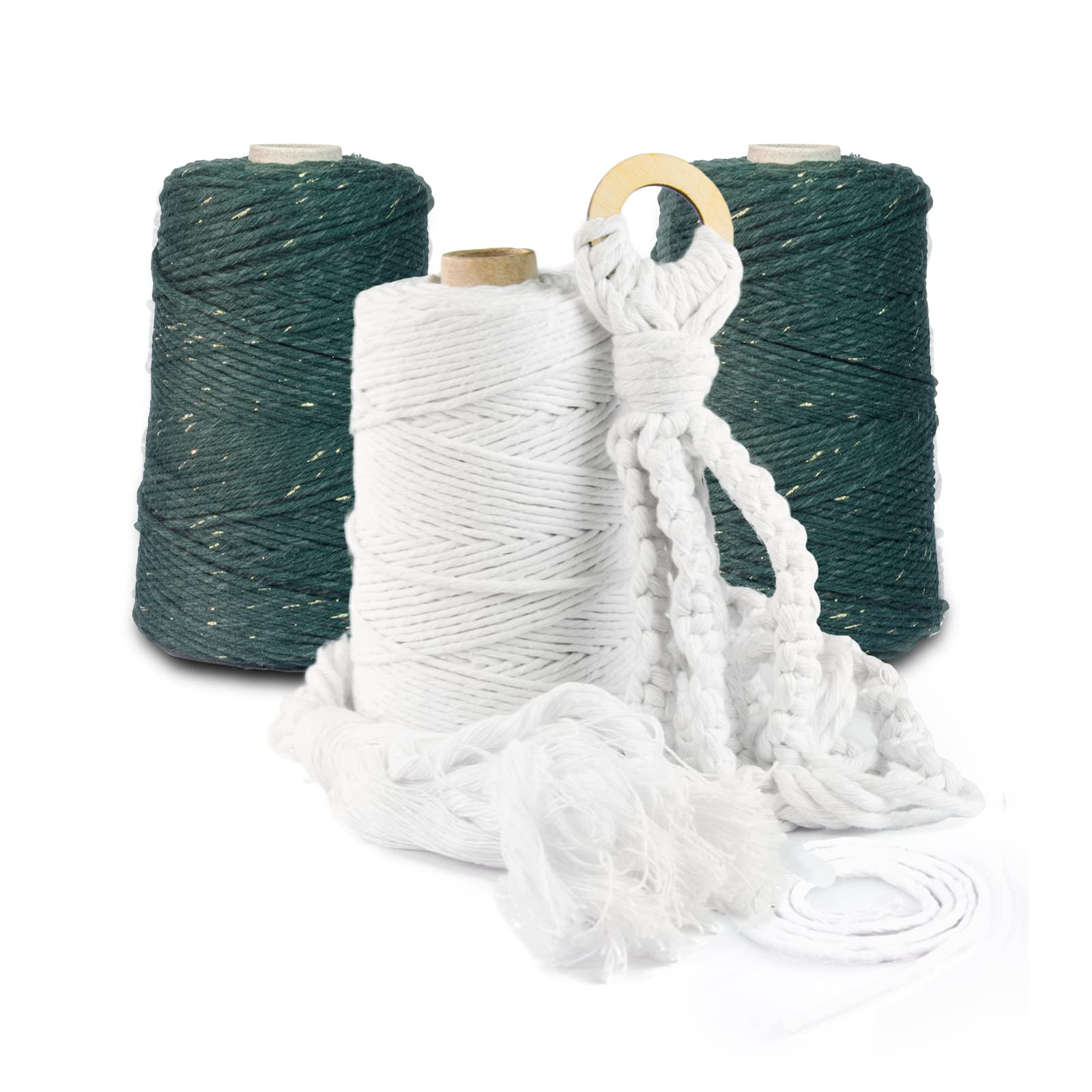 Filato MAKRAMEE di alta qualità, 1000 m, 3 mm, verde scuro con filo dorato, 100% cotone, corda di cotone naturale, filo di cotone, per fai da te