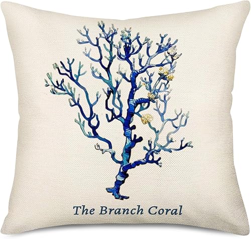 Miniatura 4 de Juego de 4 fundas de almohada decorativas de algodón y lino, diseño de caballito de mar azul, cangrejo de mar, coral, estrellas de mar, para sofá,