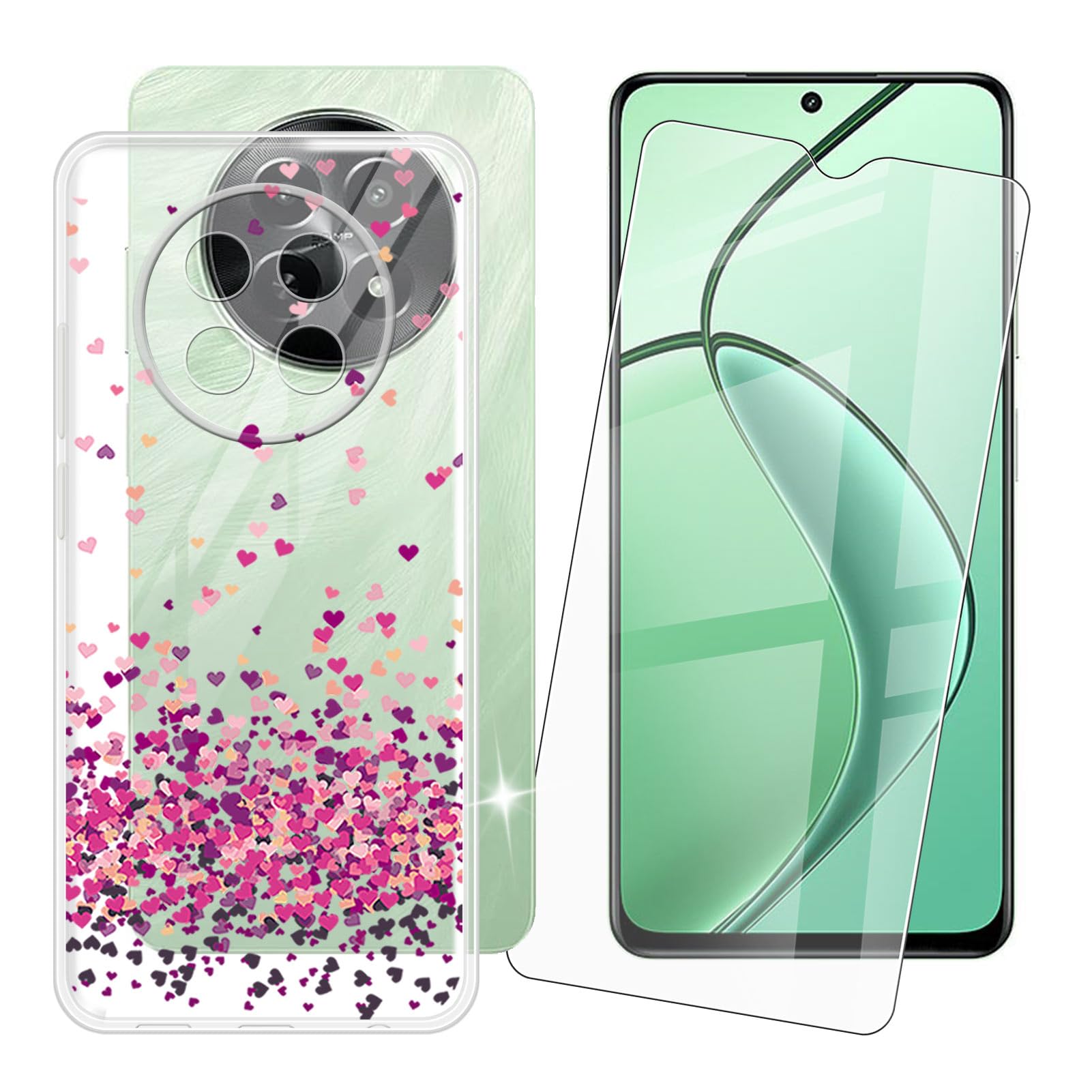 IJTYHF Cover for Realme C65 5G RMX3997 (6.67 inch) Screen Protector and Soft Silicone Shell Transparent Phone Case TPU Bumper - Tempered Glass 9H Hardness Protective Film -A lot of Love