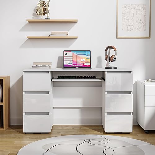 Miniatura 3 de Furnicare Escritorio para computadora con estante de almacenamiento y 6 cajones, estación de trabajo de oficina en casa de 47 pulgadas, escritorio