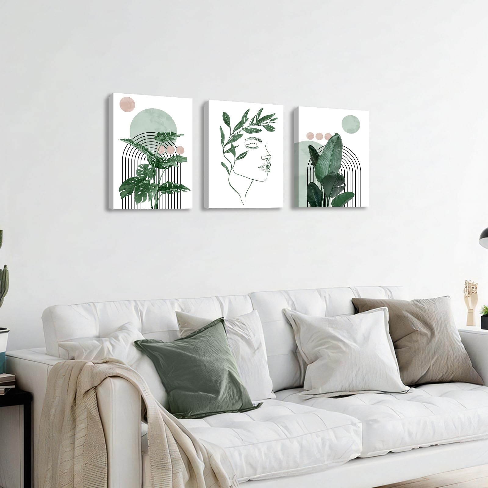 3 Pcs Wooden Framed Canvas Wall Art Set Bohemian Sage Green Canvas Prints Poster Geometric Line Beige Green Pictures for Living Room Bedroom Dinning Room Hallway Stairs Wall Decor 30x40cm x3pcs — view 165
