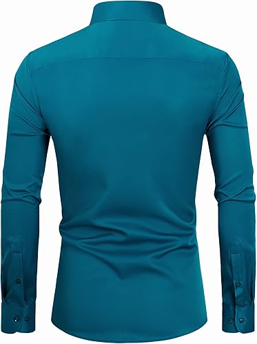 Vista 2 de DEMEANOR Camisa de vestir para hombre, ajustada, de manga larga, con botones, elástica, sin arrugas, formal, para boda, con bolsillo