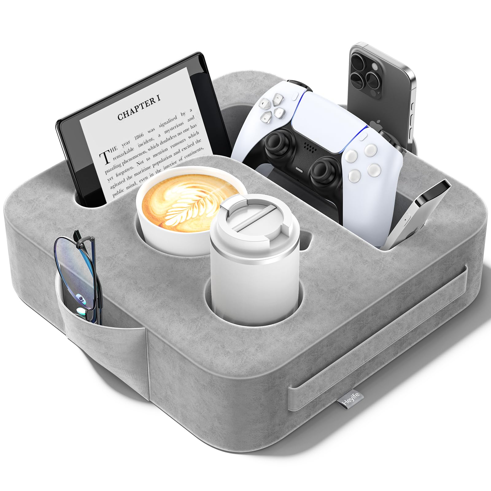 Couch Cup Holder Pillow, Sofa and Bed Caddy for iPad, Kindle, Switch, Game Controller, Remotes, Phones, Small-Sized Cup &amp; Drink Holder for Couch, Bed, Desk, Car, Beach, Bathroom Cup Holder