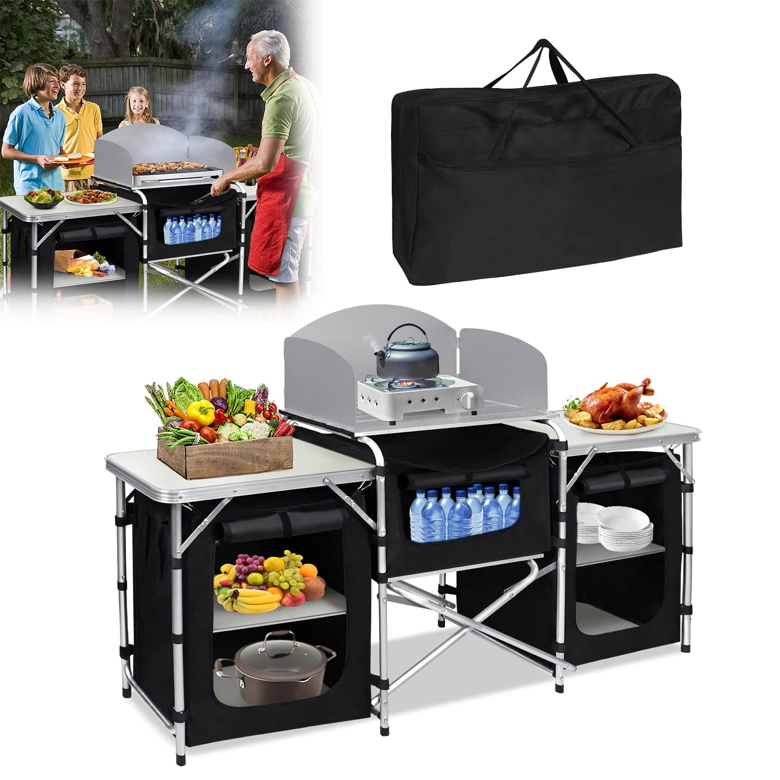 Camping Küche, Campingtisch Klappbar mit Aluminiumgestell, Campingküche Outdoor Schrank Campingschrank inkl. Tragetasche für Wandern Picknick, 174x52x110cm