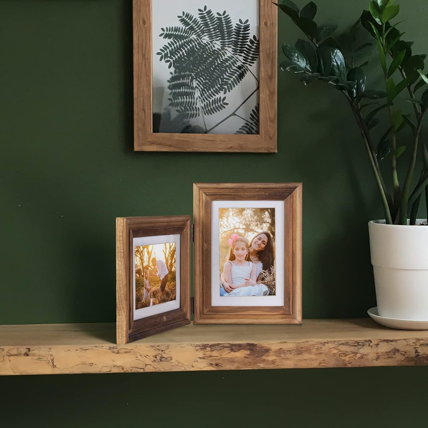 5X7 Double Wooden Hinged Picture Frame Vertical and Horizontal in Distressed Farmhouse Wood Grain, Display 4x6 with Mat or 5x7 without Mat, Folding Photo Frame with Real Glass Front for