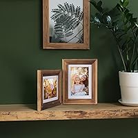 Vista 42 de Portarretratos de 5 x 7, doble bisagra horizontal de madera con marco de fotos plegable con frente de cristal real en grano de madera envejecido