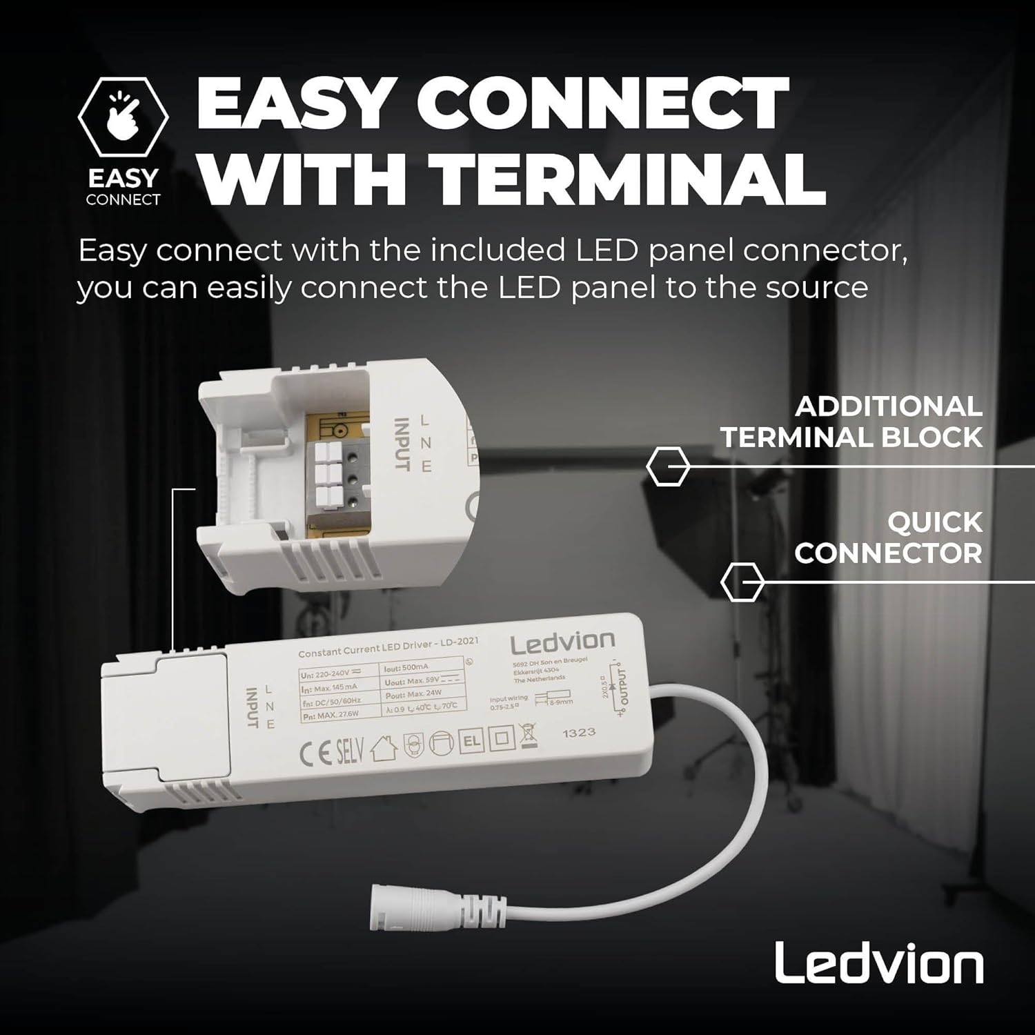 Diagram showing the easy connect terminal block and quick connector for the Ledvion LED Panel driver.