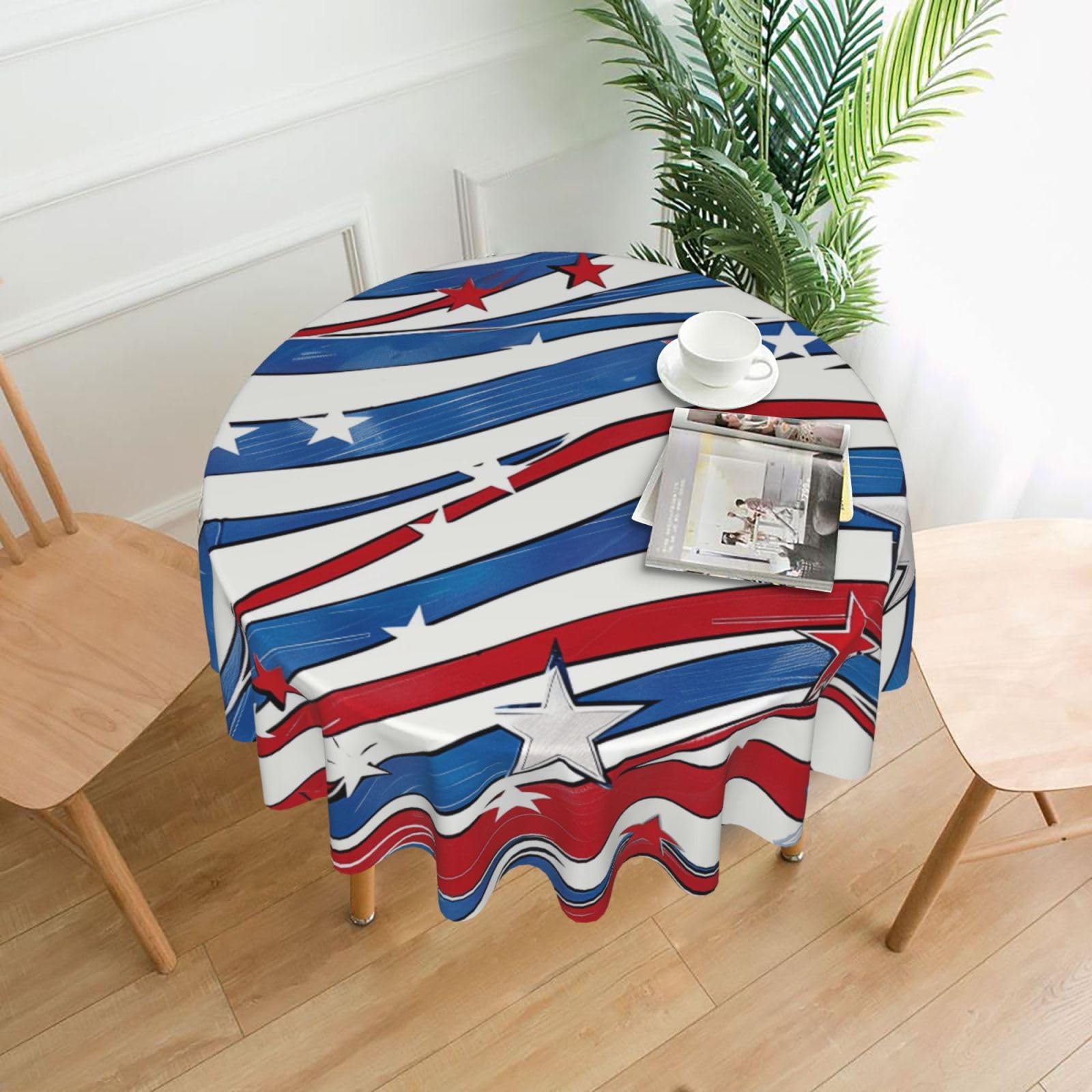WPKJU Patriotic Stars Strips Independence Day Printed Round Tablecloth 60 in Water Resistant Table Cover Washable Table Cloth for Dining Tables