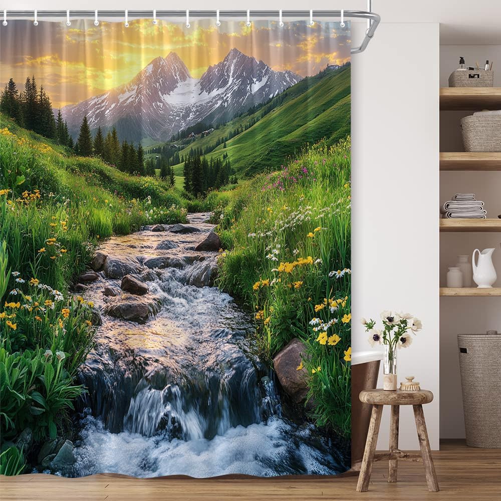 Nature Landscape Shower Curtain Flowing Stream Forest Waterfall Natural View Green Trees Flowers Mountain Mossy Rocks Scenery Polyester Fabric Bathroom Decor 108×70 Inch with Hook