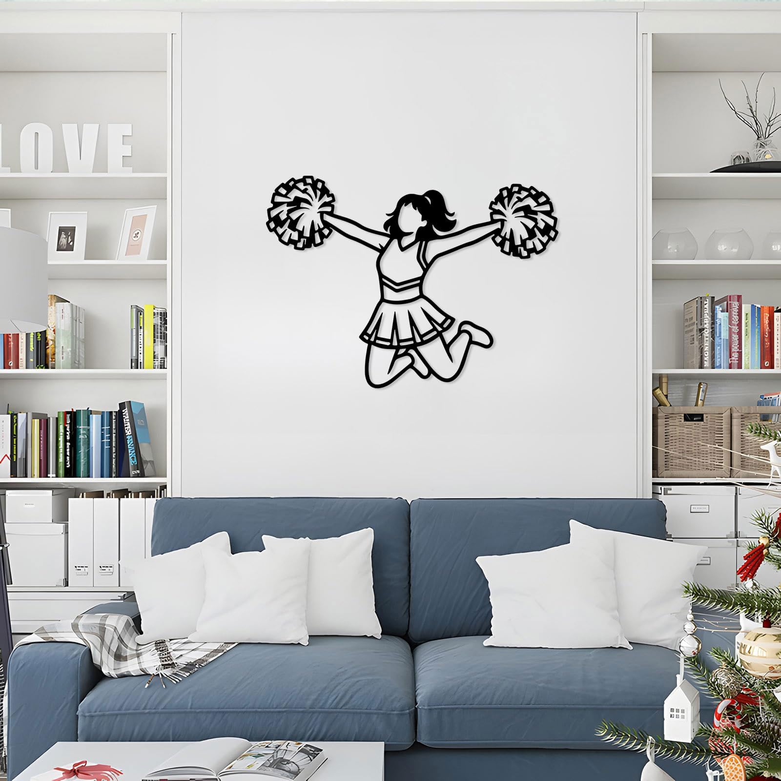 Metalowa sztuka ścienna, neutralny odcień, wisząca ozdoba do wnętrz (61 cm) | Cheerleaderka skacząca metalowa sztuka ścienna dekoracja ścienna metalowa dekoracja zewnętrzna