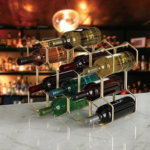 Miniatura 7 de Buruis Estante de vino para encimera, soporte para 14 botellas de vino para almacenamiento de vino tinto y blanco, estante de vino de metal