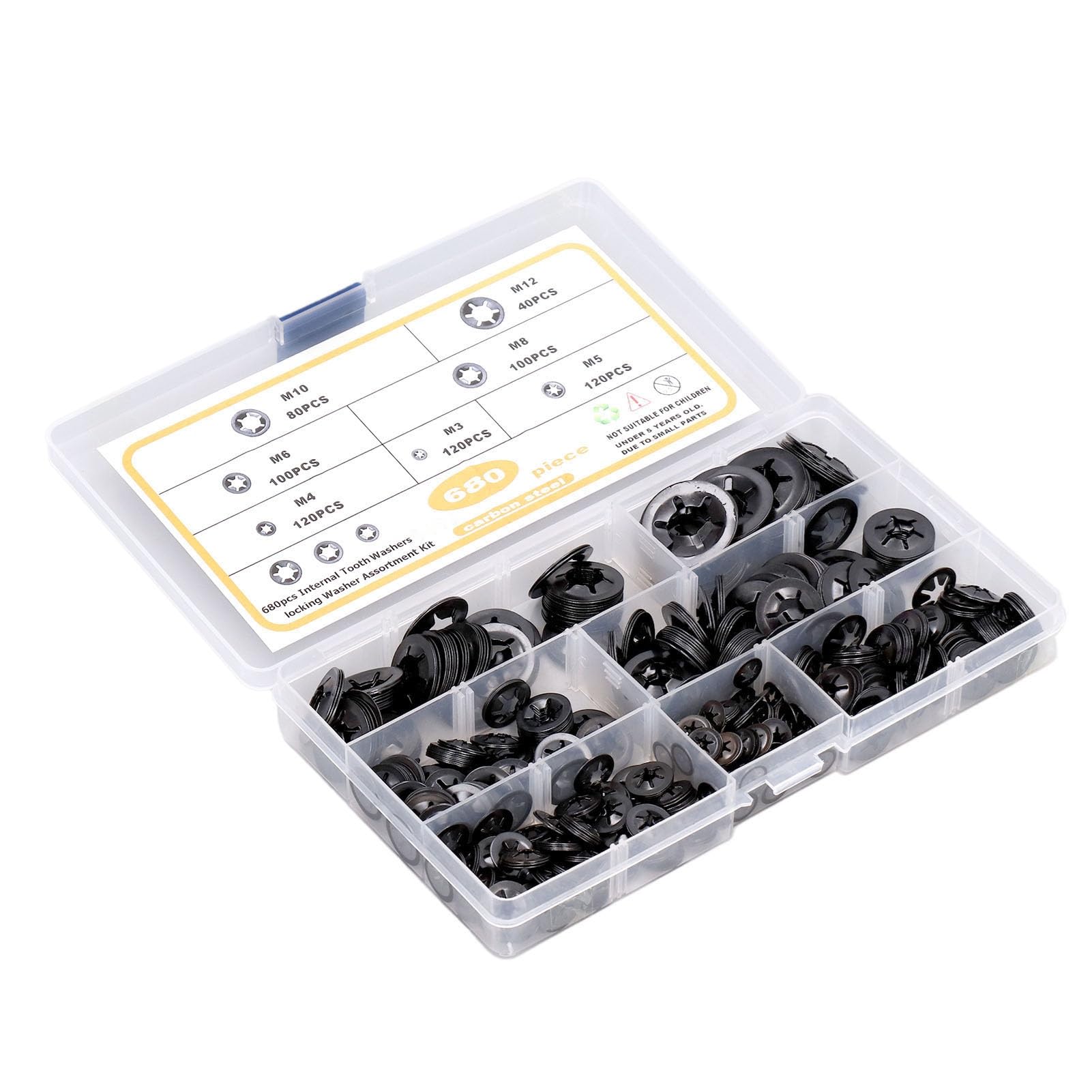 680Pcs Washers Flat Locking Internal Tooth Assortment Kit M3?M12 Carbon Steel Flat Washers for Mechanical Equipment