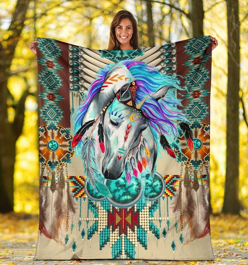 Native Horse Throw Blanket, American Native Fleece Blanket Fits Couch Sofa Bedroom