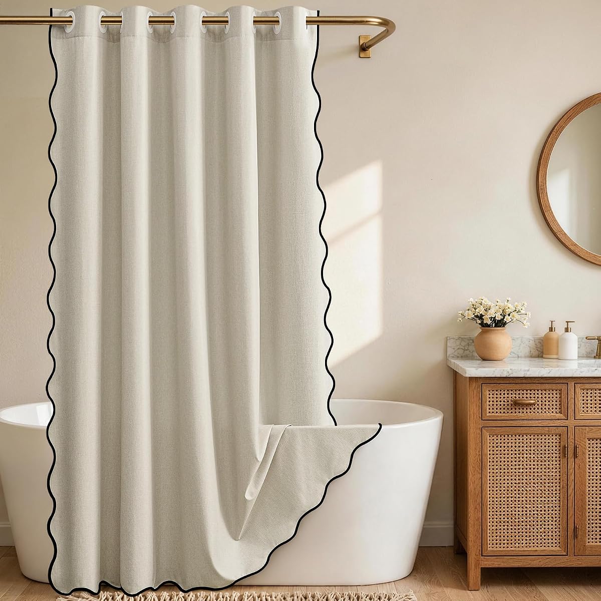 Furlinic No Hook Scalloped Shower Curtain Beige Linen Modern Neutral 72x75 | Waterproof 75 Inch Long Farmhouse Decorative Weighted Tall Heavy Duty Cottagecore Washable Walk In Bathroom with Black Border
