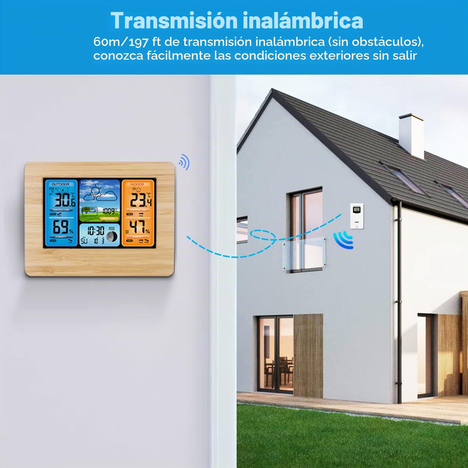 Estación meteorológica digital inalámbrica con sensor exterior, termómetro interior y exterior con tiempo, temperatura, humedad, barómetro, despertador (madera actualizaciones)