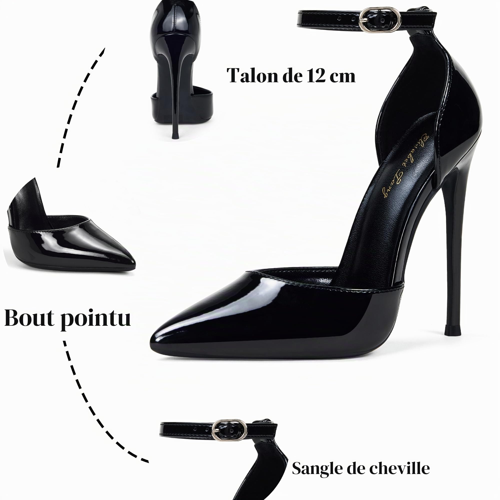 Zhabtuc Talons Hauts, Escarpins D'Orsay pour Femmes Bride à la Cheville Bout Pointu Chaussures de Mariage de Fête, Hauteur de Talon 12 cm, 36-42 EU