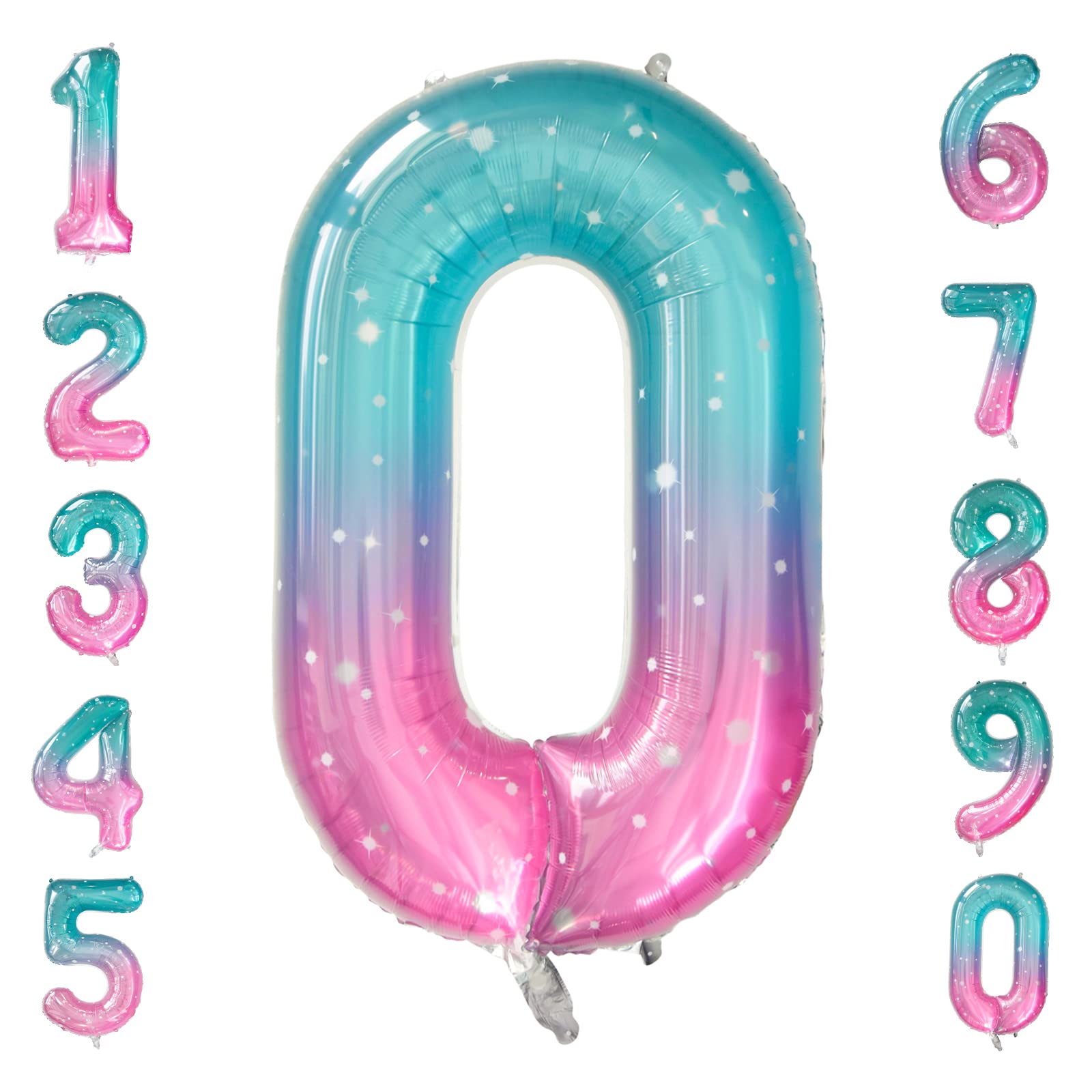 Ousuga Number Balloons, 40Inch Starry Sky Gradient Number 0 Balloons, Giant Helium Foil Mylar Self Inflating Rainbow Jelly Party Balloons for Birthday Space Wonderland Theme Prom Supply (0)