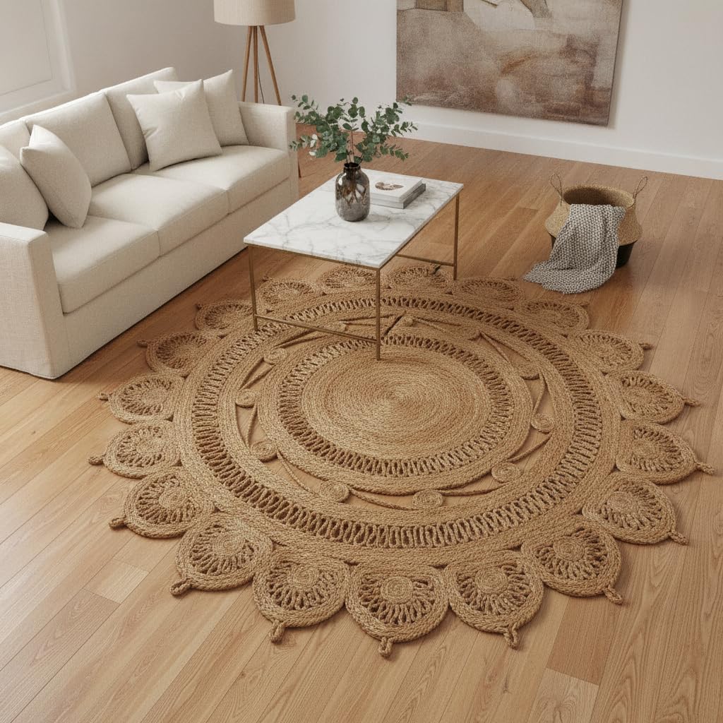 Round Jute Rug with Mandala Floral Braided Design, Natural | Handwoven Jute, Boho Living Room, Scalloped Border, Natural Fibre, Floor Decor-image-22