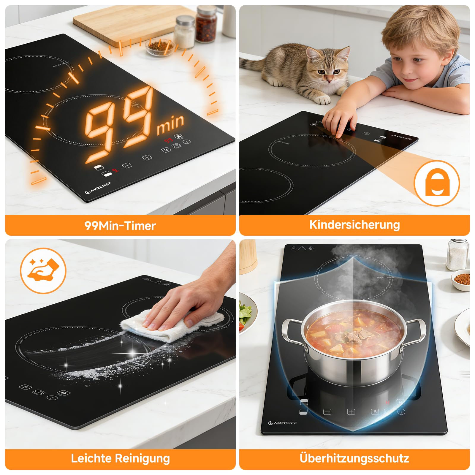 AMZCHEF Induktionskochfeld 2 Platten, 3700W Doppel Induktionskochplatte mit LED-Touchscreen, Sicherheitsschloss und Timer