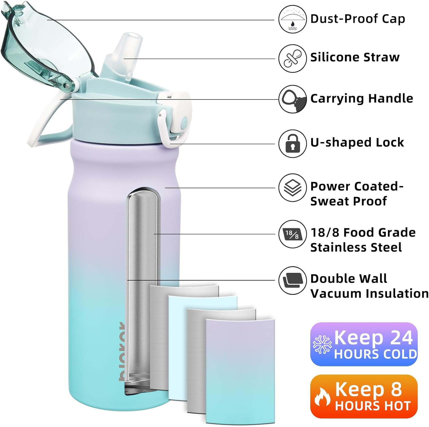 BJPKPK Water Bottle with Straw 18oz Insulated Water Bottles Reusable Stainless Steel Metal Thermal Flask with Leak Proof Lockable Lid and Carry Handle,Lavender Green - Image 2