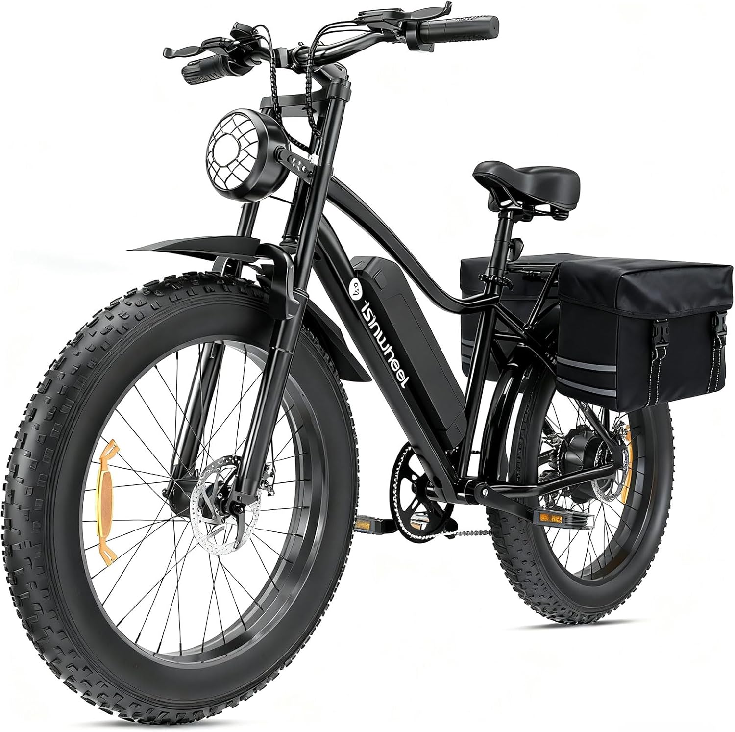 isinwheel M10 Plus Electric Bike, 28mph,7 Speed Shift, 26 x 4.0 Fat Tire,Mountain Ebike with Removable Battery with Black Saddlebag