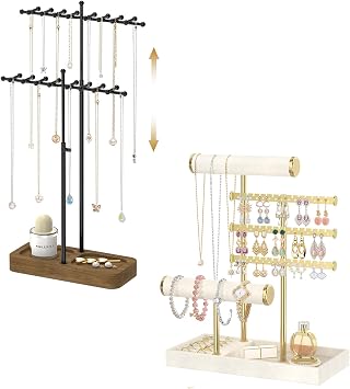 MODOWEY Adjustable Necklace Stand Earring Holder Organizer, 36 Hooks Metal Stand for Bracelet Necklace, T-Bar Velvet Bracelet Display Rack with Ring Tray, Countertop Jewelry Tower for Women