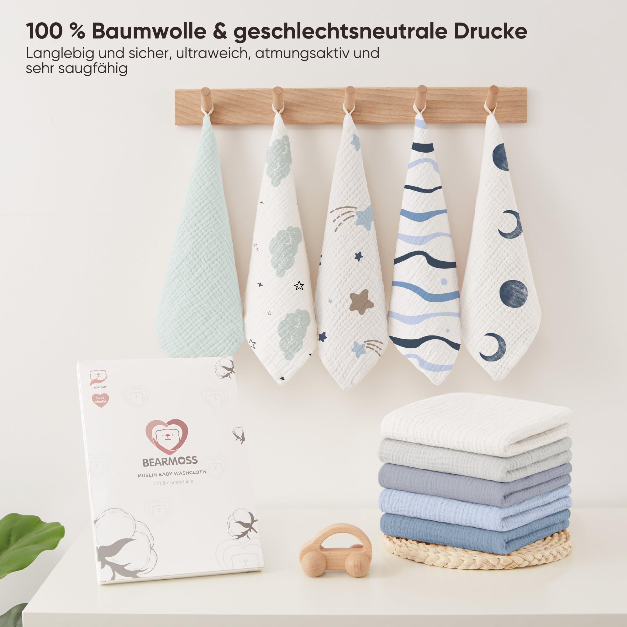 Bearmoss Chusteczki Molton dla niemowląt, 100% bawełna, miękkie ściereczki do ślinu dla niemowląt, oddychające i bardzo chłonne, chłonne ściereczki muślinowe, 10 sztuk, 25 x 25 cm (niebiesko-zielone)