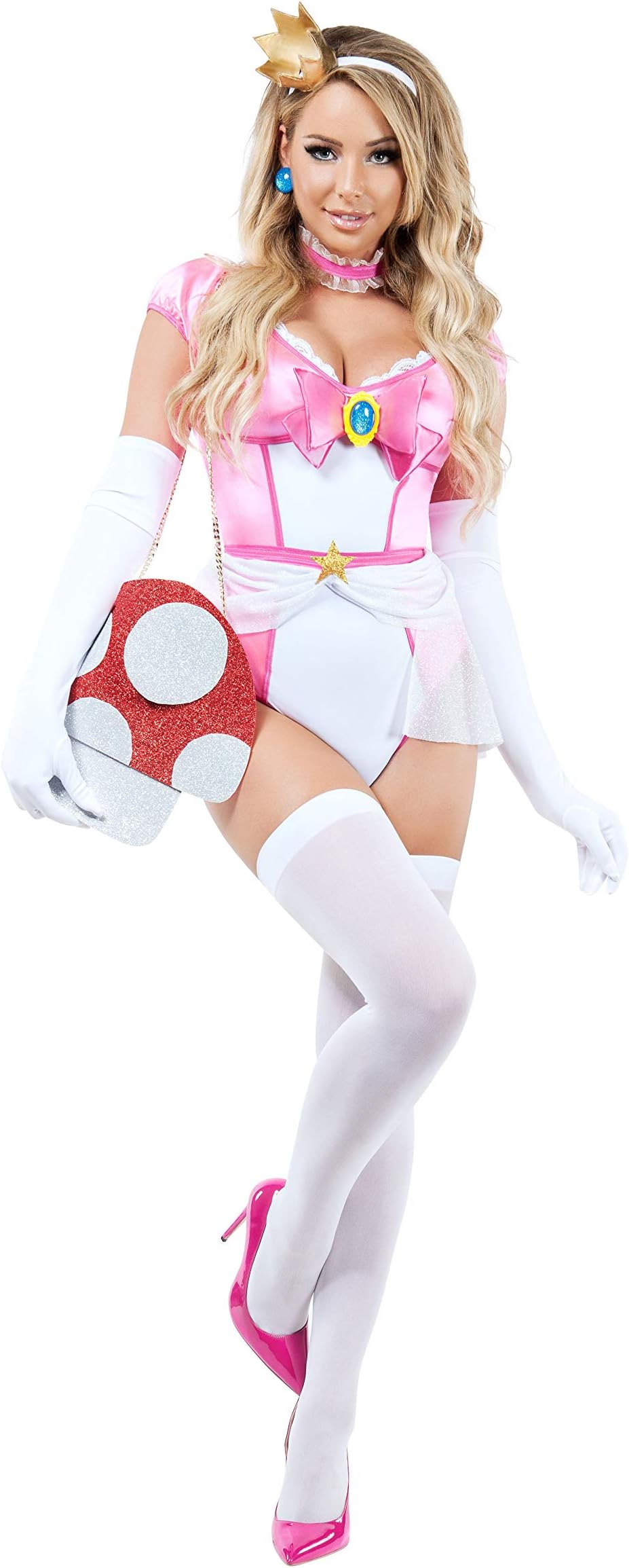 Women's Mushroom Damsel Princess Adult Costume, White/Pink