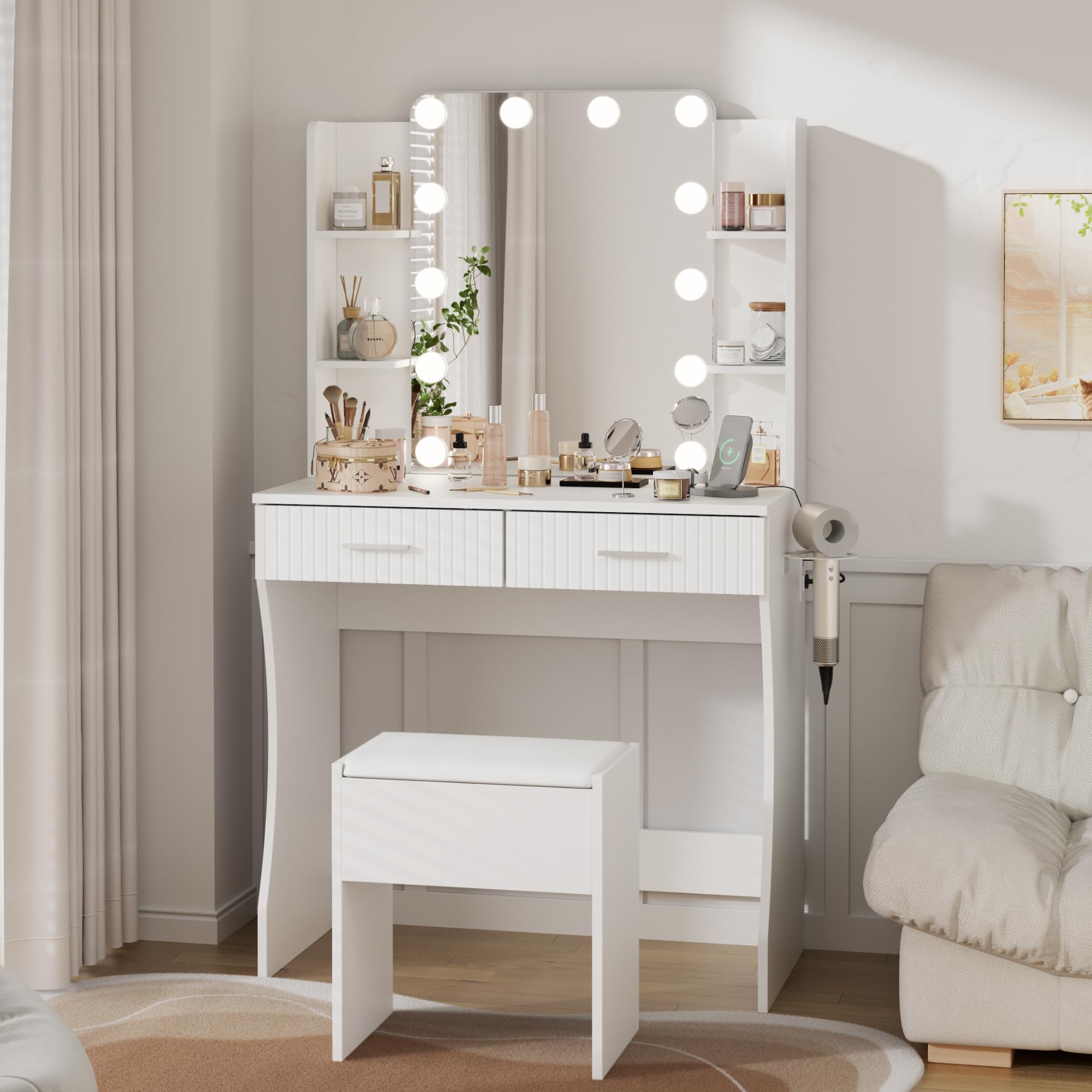 Otterease Vanity Desk with LED Lighted Mirror, Makeup Vanity with 3 Adjustable Lights, 2 Large Drawers and 4 Open Shelves, Vanity with Storage Stool for Bedroom, White