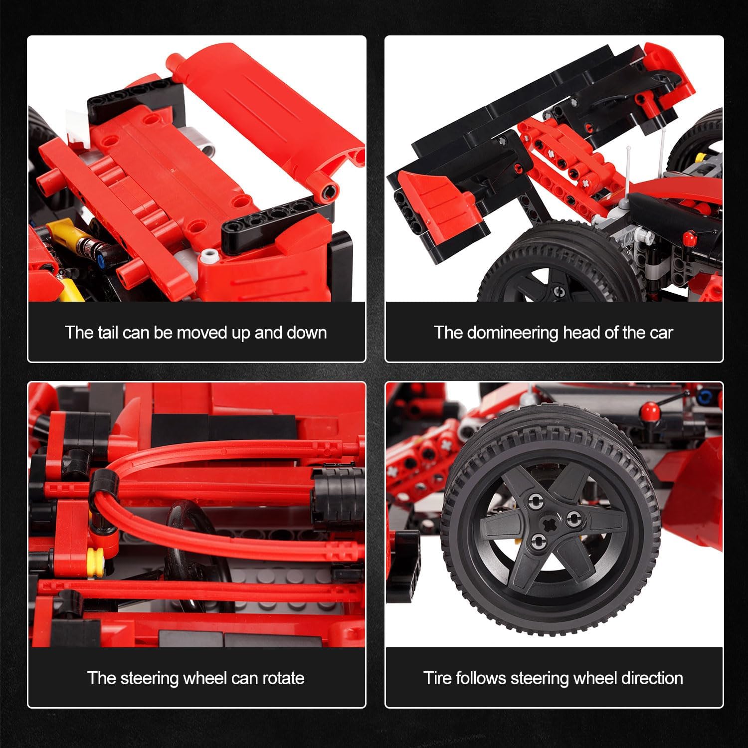 Detailed features of the MISINI F11 Racing Car, showing movable tail, rotating steering wheel, and tire direction