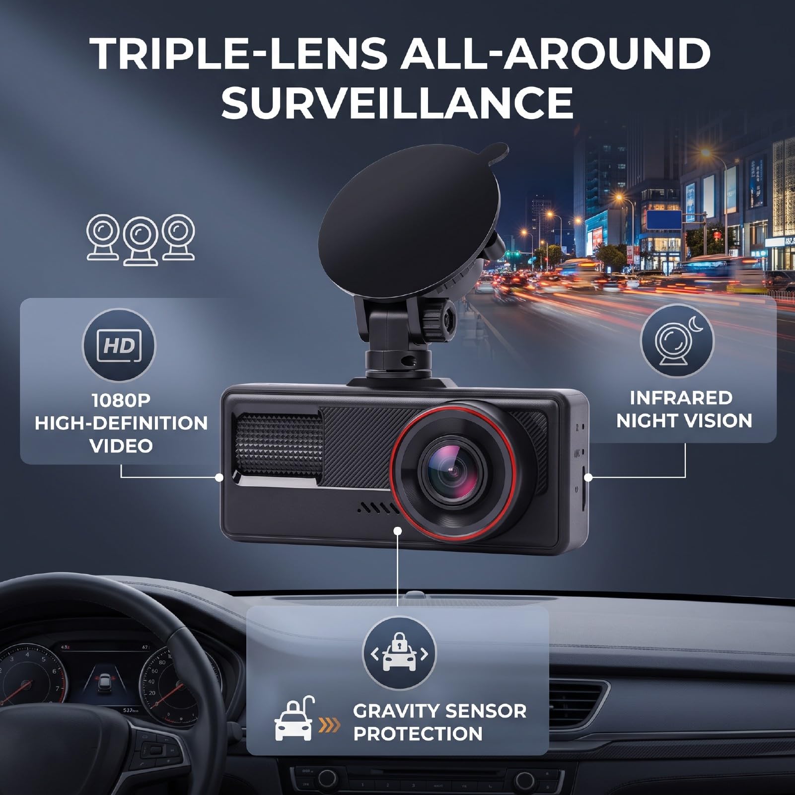 XUMIUZIY Dash Cam con Tripla Lente Anteriore e Posteriore Interna, Nera