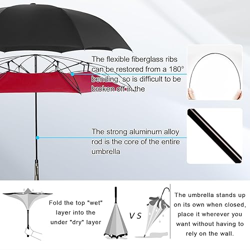 Miniatura 6 de LFLFWY Inverted Reverse Upside Down Umbrella - 49 inch AutoManual Open Large Double Canopy Design Windproof Stick Umbrellas rain Waterproof Golf