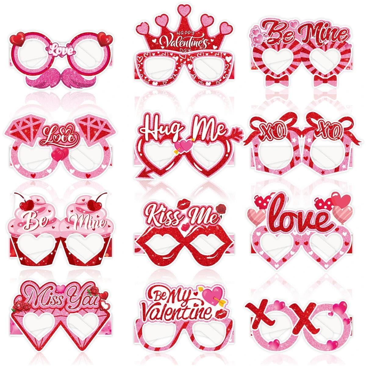 12Pcs Sweet Valentine Paper Glasses,Red Heart Eyeglasses Frames,Happy Galentine’s Day Photo Booth Props Eyeglasses Valentine's Gifts Accessories Party Decorations Supplies