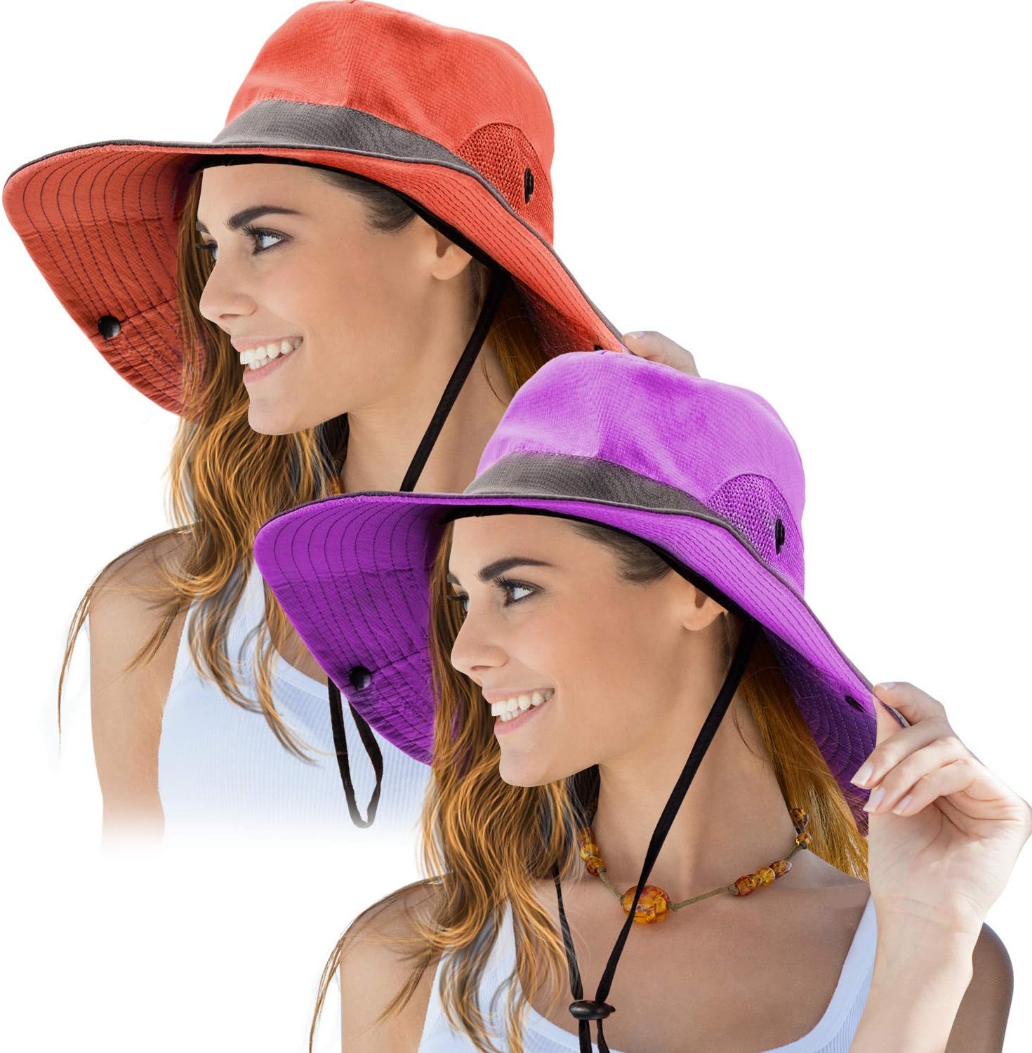 Norme2 Pieces Women's Outdoor Sun Hat UV Protection Foldable Mesh Wide Brim Beach Fishing Cap Ponytail
