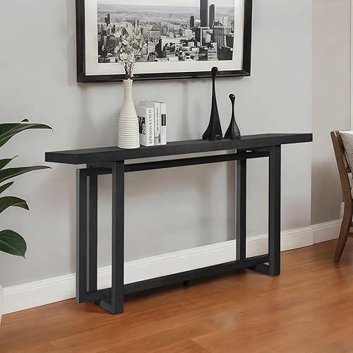 Miniatura 5 de Mesa de sofá de 59.05 pulgadas para sala de estar, mesa consola Morden, mesa rectangular estrecha de madera maciza con patas de madera de goma para