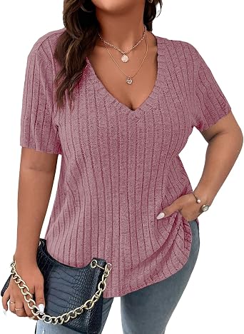 Koscacy Womens Plus Size Casual Tops V Neck Solid Color Shirts Lightweight Short Sleeve Blouses