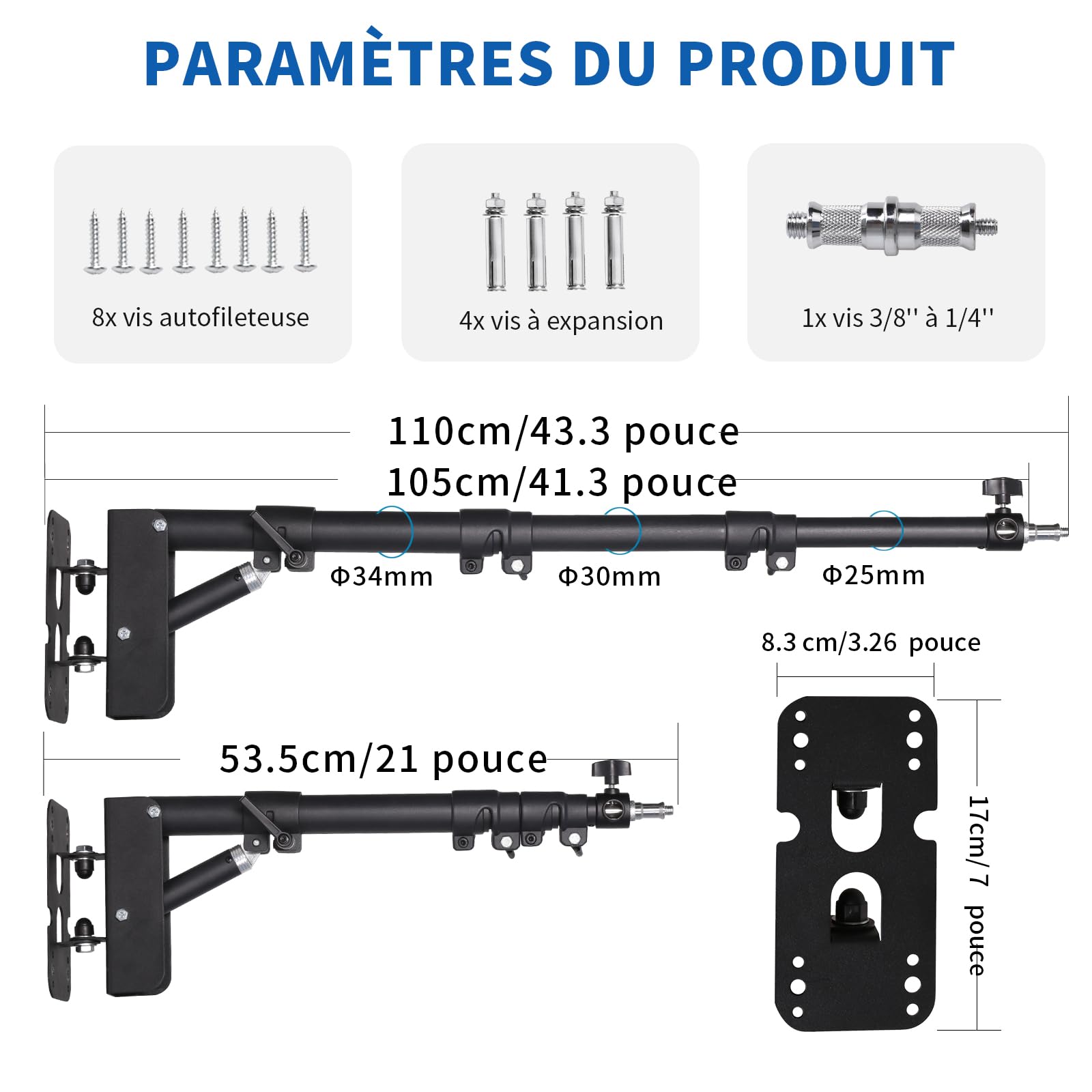 Bras de Suspension Triangulaire Mural 110 cm, Flexible à 180 Degrés de Rotation, Support Mural pour Anneau Lumineux pour Lumière Vidéo de Studio, Flash, Photographie, Softbox, Réflecteur